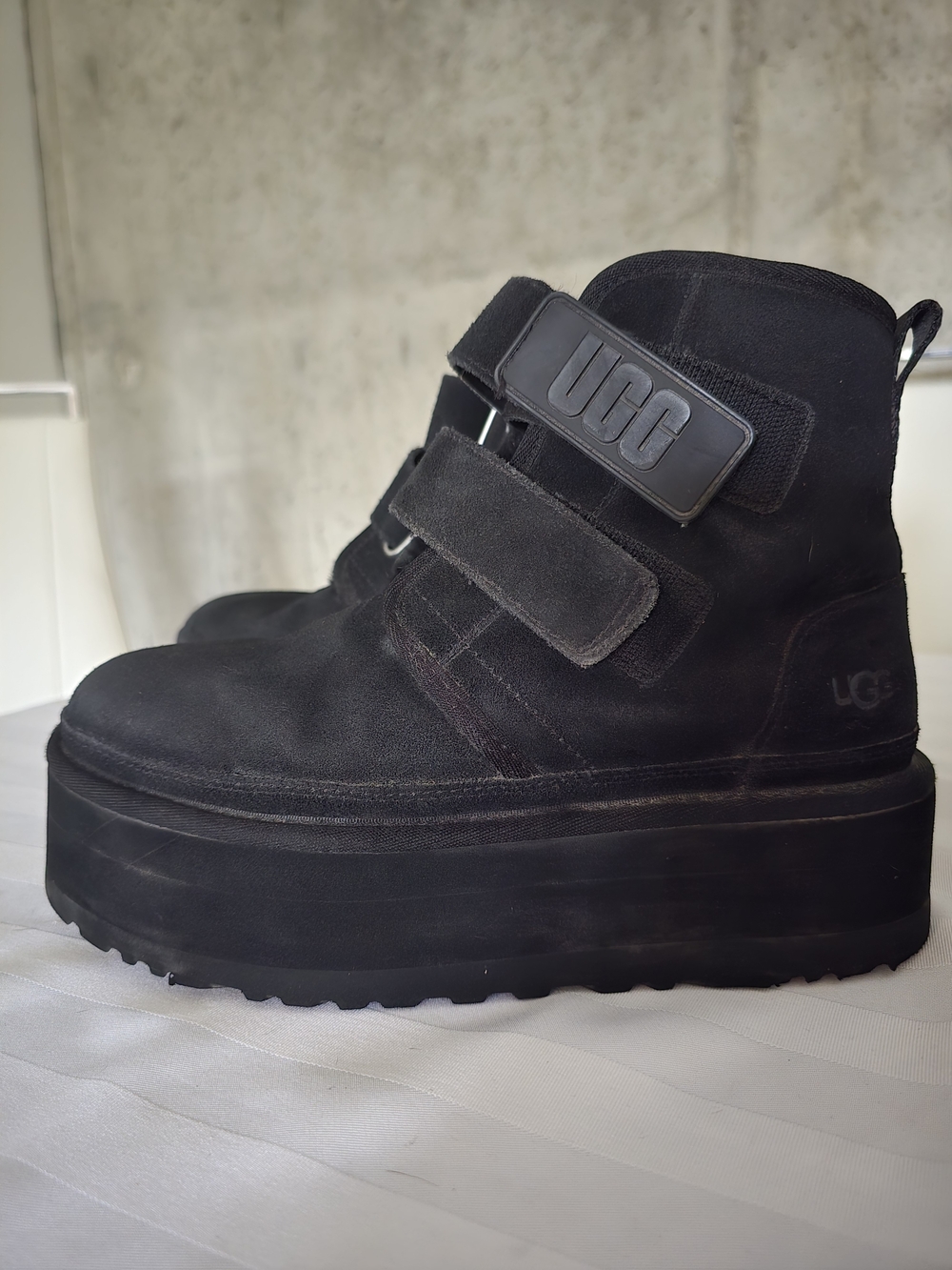 UGG Black Suede Platform Ankle Boots with Double Straps